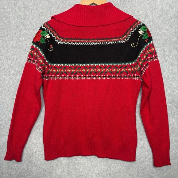 Tiara International Christmas Zip Front Cardigan Sweater-Red Poinsettia-Women S - Picture 6 of 7